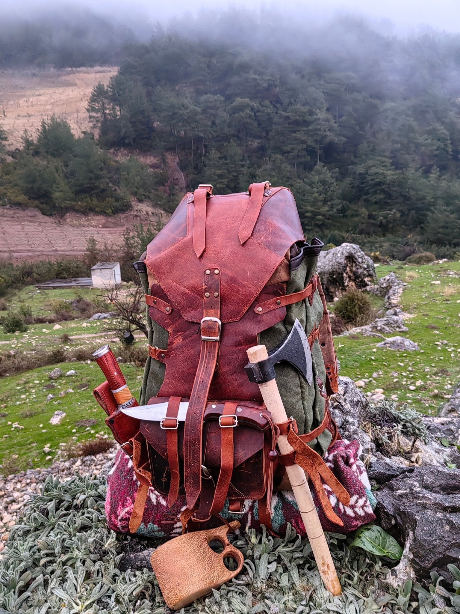 Handmade Custom Leather and Waxed Backpack for Travel