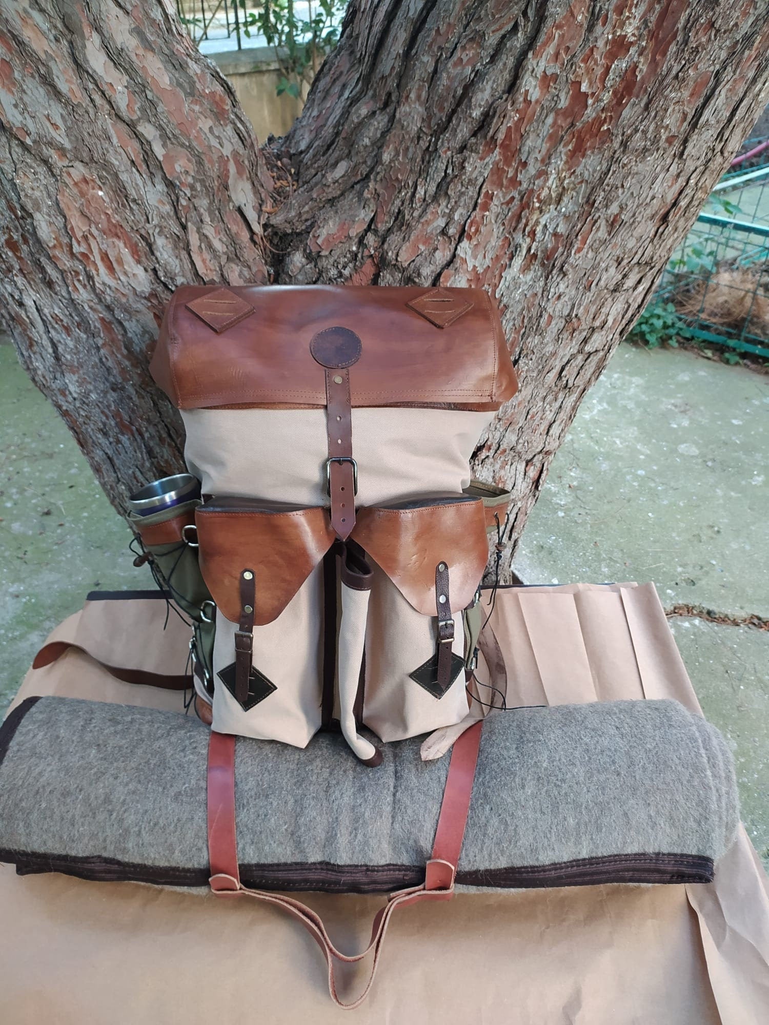 Handmade Fur with Leather and Waxed Canvas backpack