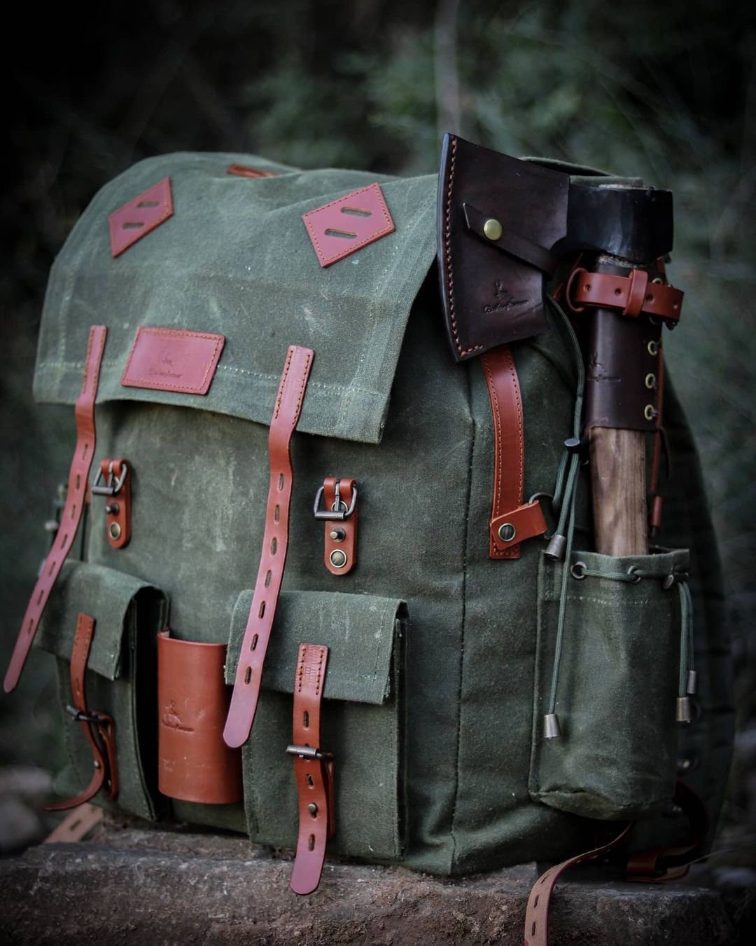 Handmade Genuine Green Leather and Waxed Canvas Backpack