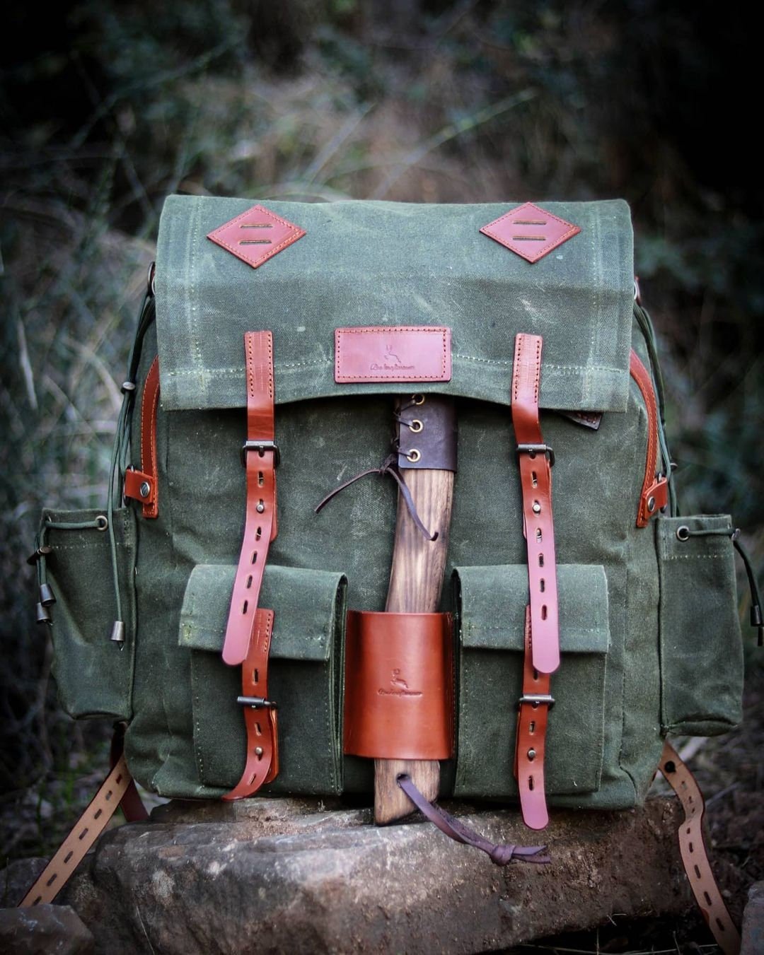 Handmade Genuine Green Leather and Waxed Canvas Backpack