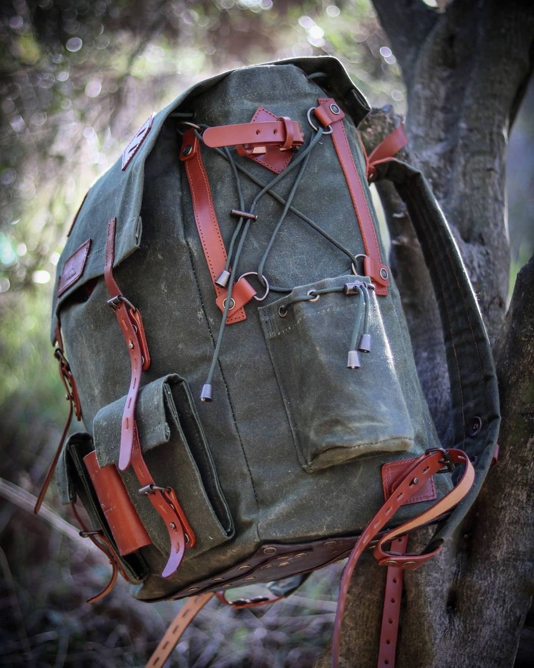 Handmade Genuine Green Leather and Waxed Canvas Backpack