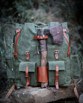 Handmade Genuine Green Leather and Waxed Canvas Backpack