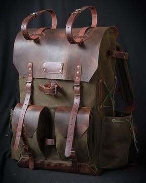 Handmade Genuine Green Leather and Waxed Canvas Backpack