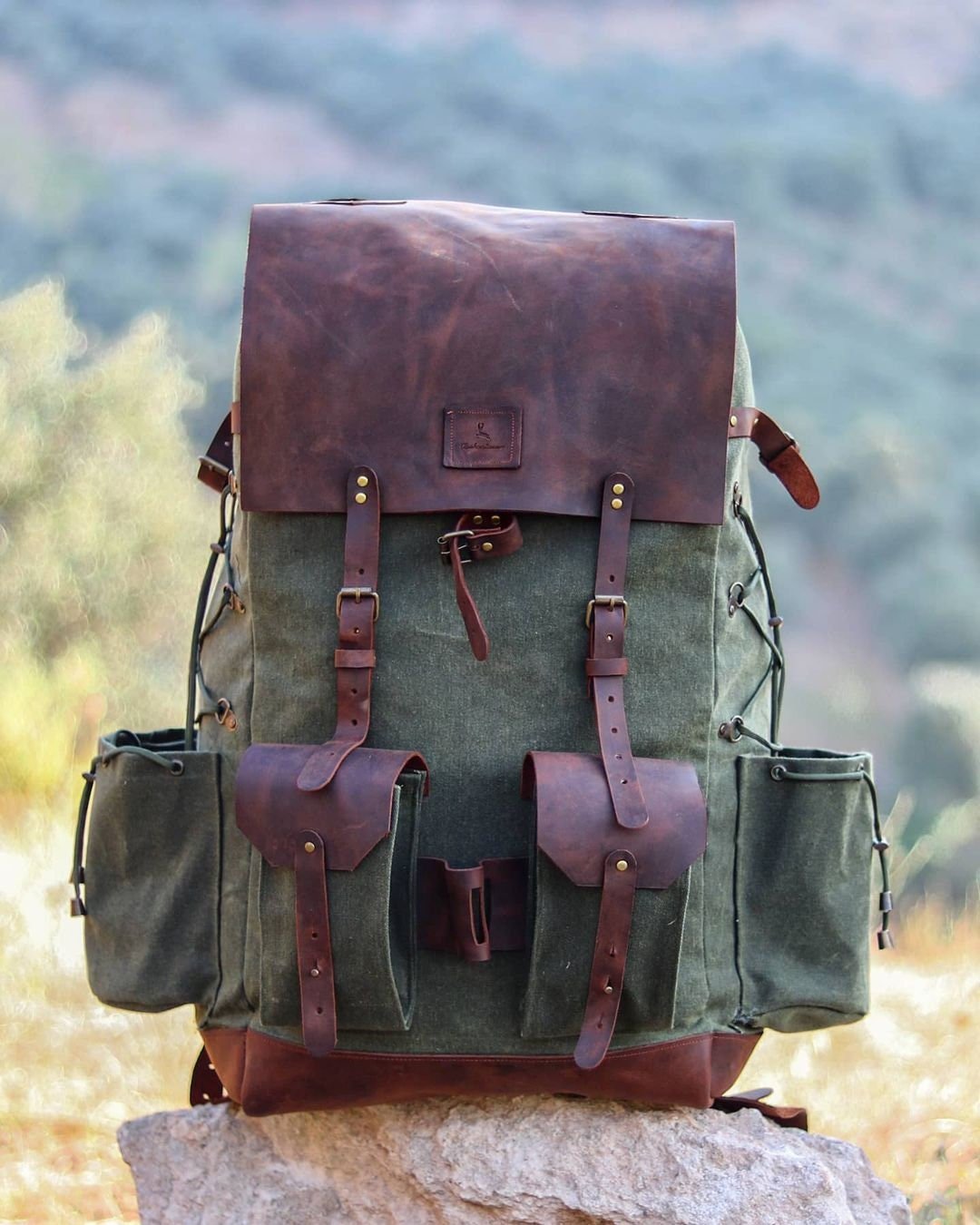 Handmade Genuine Green Leather and Waxed Canvas Backpack