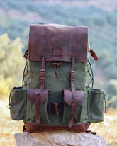 Handmade Genuine Green Leather and Waxed Canvas Backpack