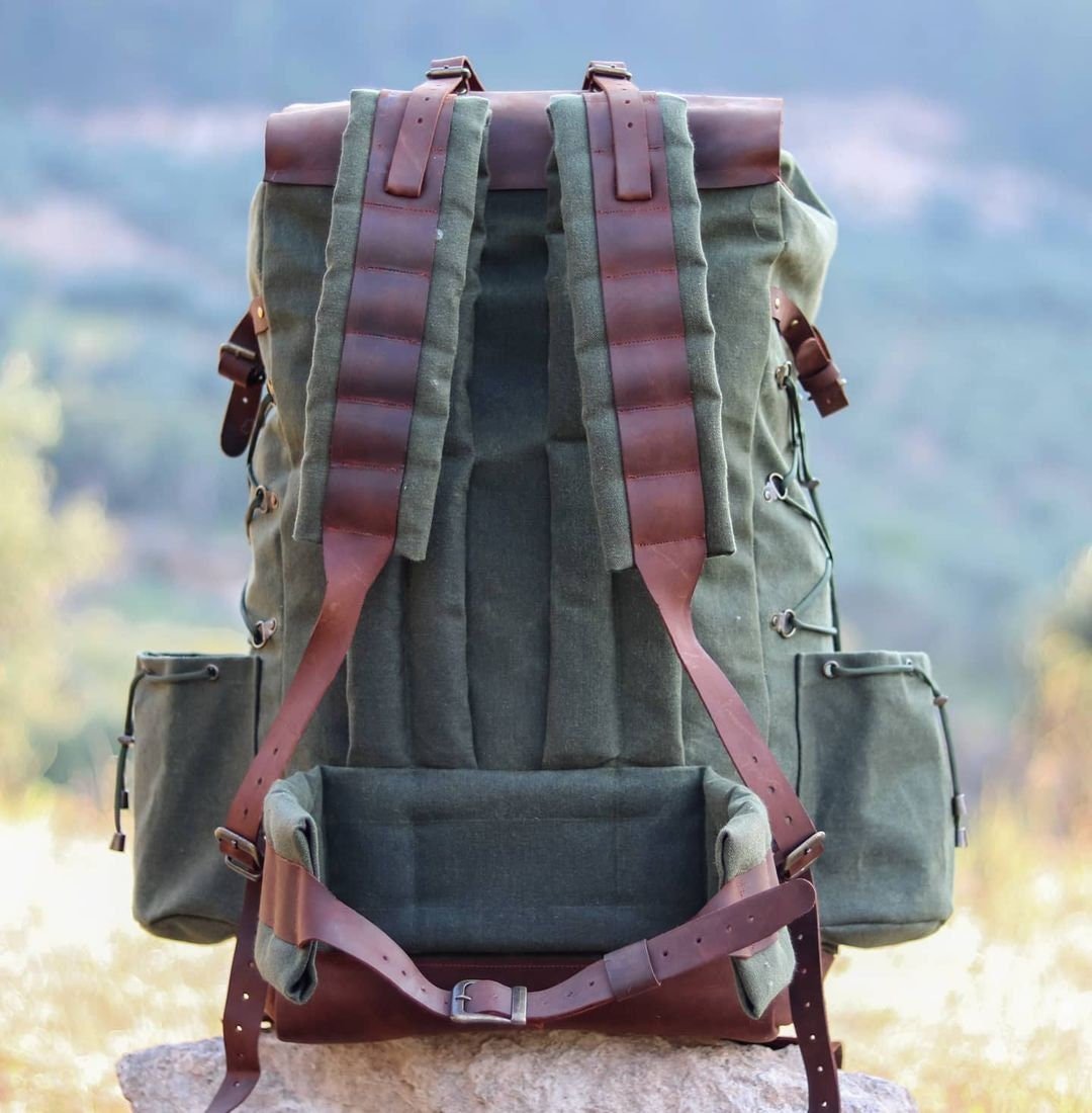 Handmade Genuine Green Leather and Waxed Canvas Backpack