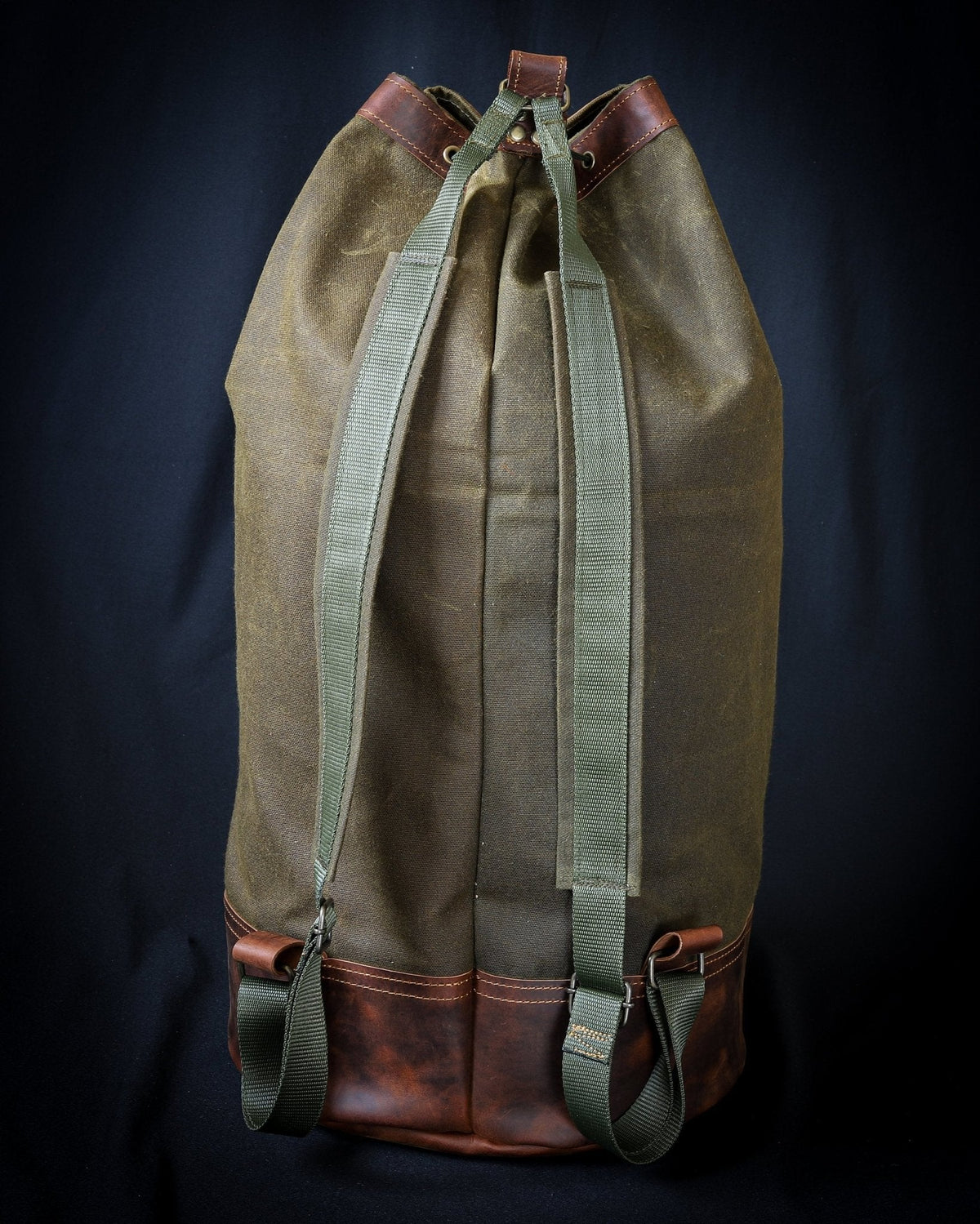 Handmade Genuine Green Leather and Waxed Canvas duffle Backpack