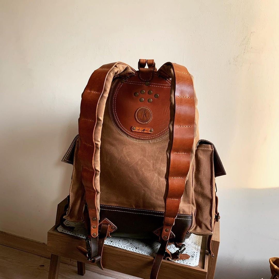 Handmade Leather and Waxed Canvas  Backpack for Travel bag