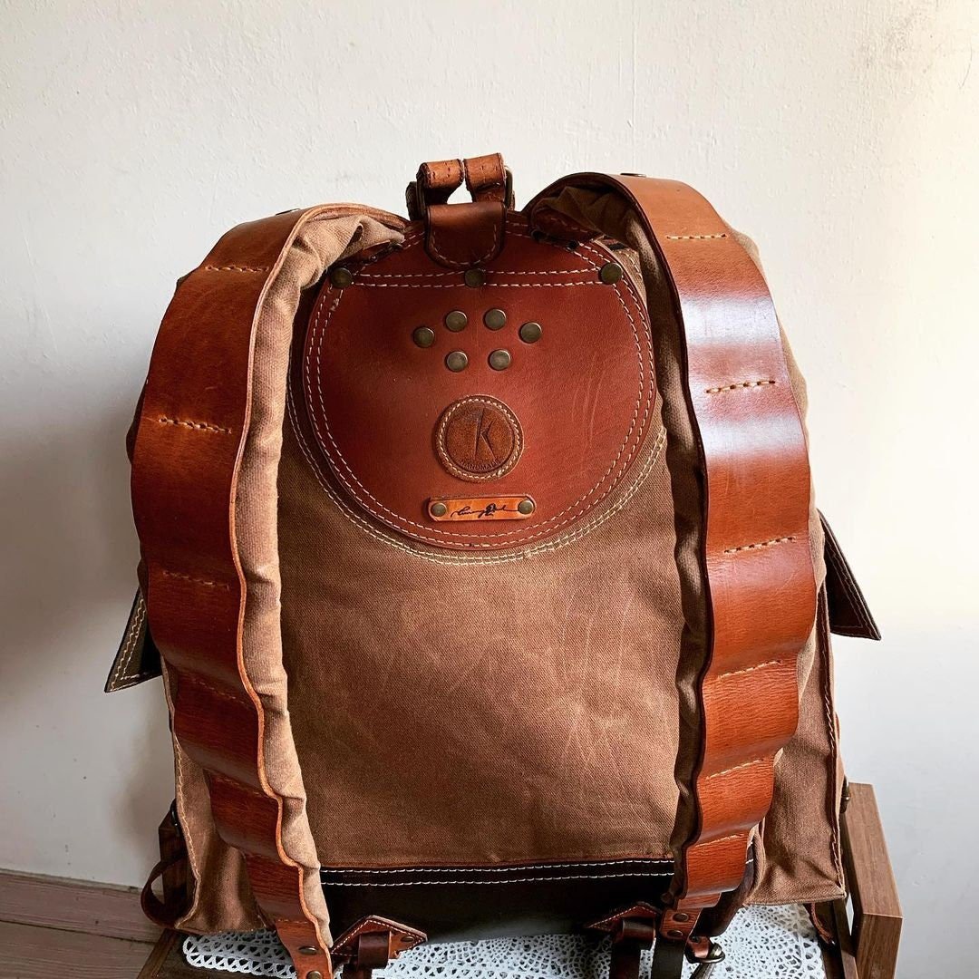 Handmade Leather and Waxed Canvas  Backpack for Travel bag