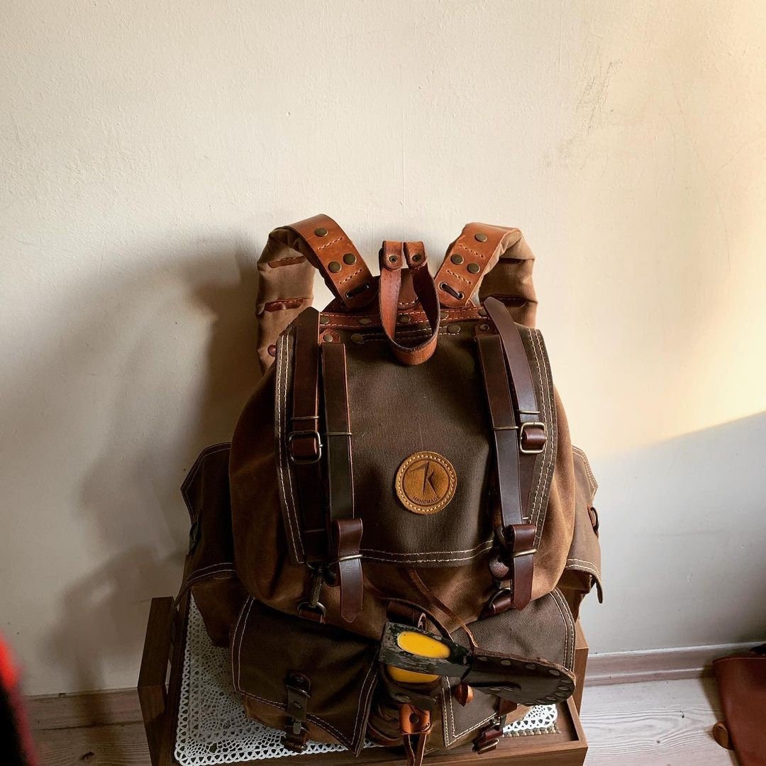 Handmade Leather and Waxed Canvas  Backpack for Travel bag