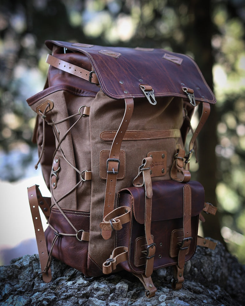 Handmade Hiking Camping Backpack Leather and waxed canvas