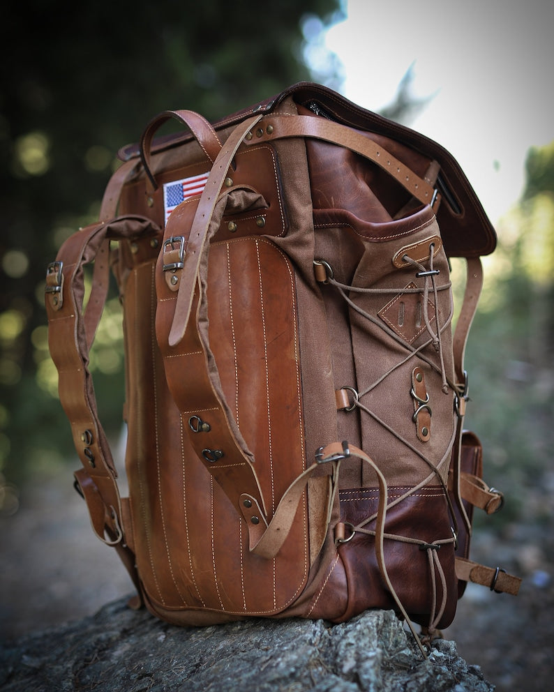 Handmade Hiking Camping Backpack Leather and waxed canvas