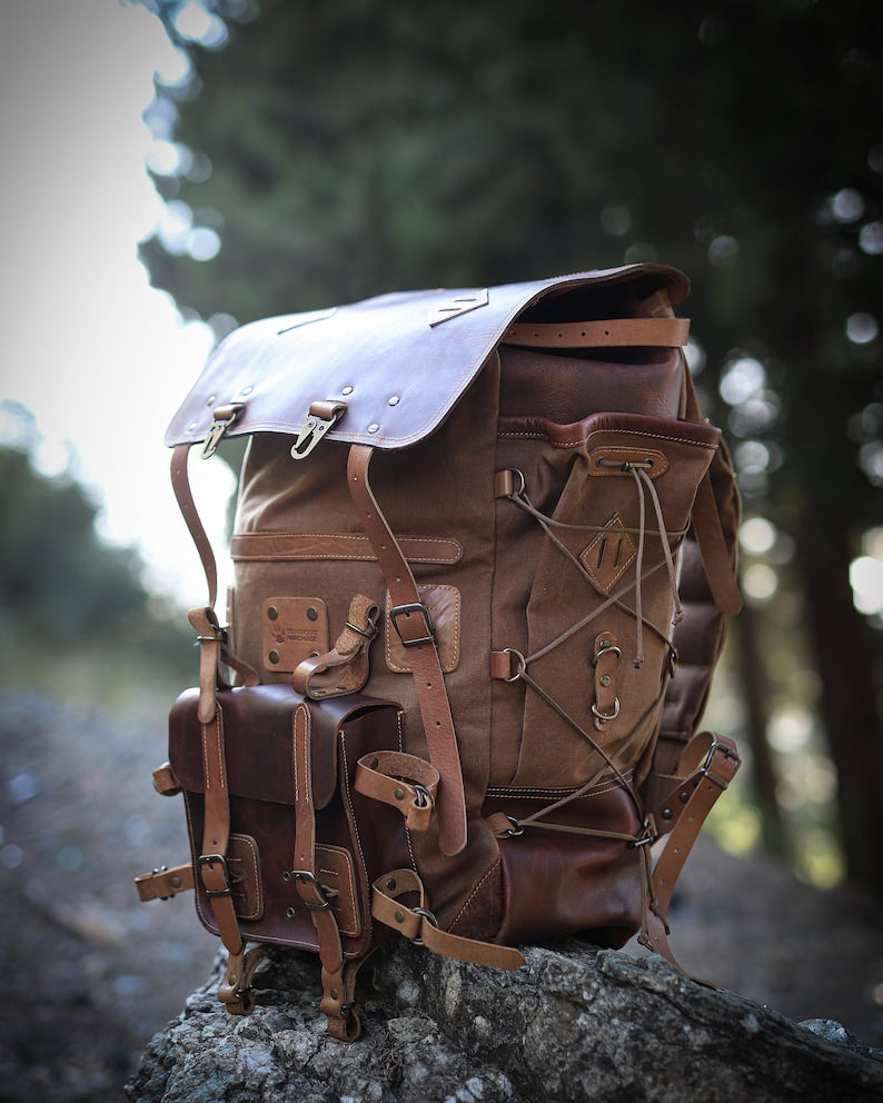 Handmade Hiking Camping Backpack Leather and waxed canvas