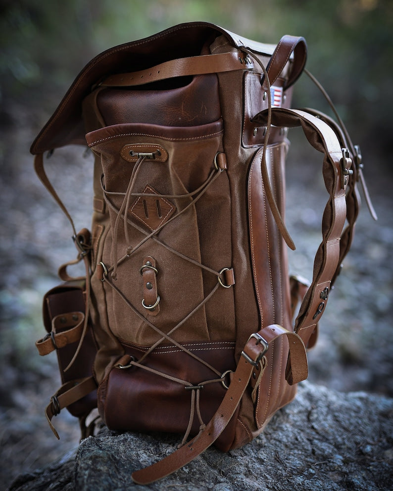 Handmade Hiking Camping Backpack Leather and waxed canvas