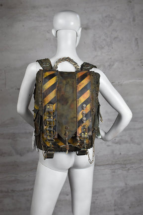 Post-Apocalyptic Military Green Backpack with Biohazard Stripes and Skulls