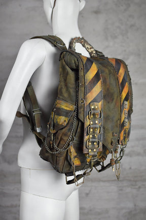 Post-Apocalyptic Military Green Backpack with Biohazard Stripes and Skulls