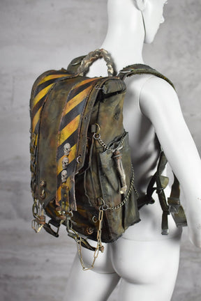 Post-Apocalyptic Military Green Backpack with Biohazard Stripes and Skulls