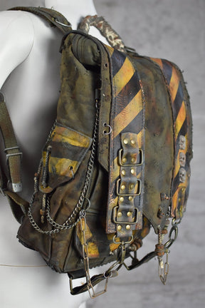 Post-Apocalyptic Military Green Backpack with Biohazard Stripes and Skulls