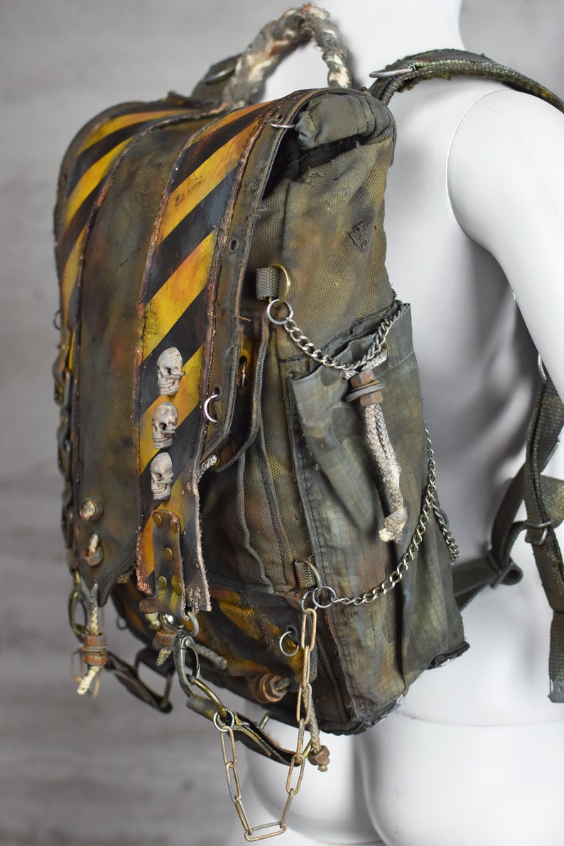 Post-Apocalyptic Military Green Backpack with Biohazard Stripes and Skulls