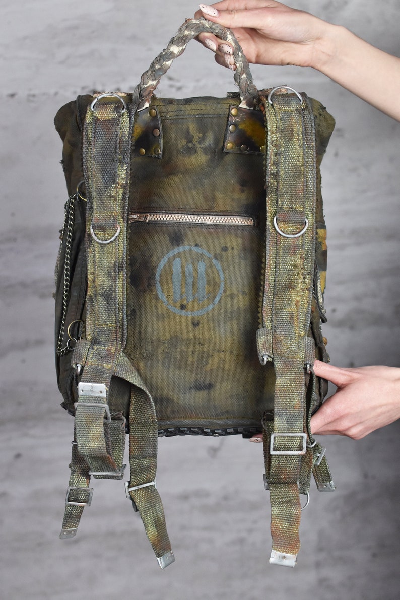 Post-Apocalyptic Military Green Backpack with Biohazard Stripes and Skulls