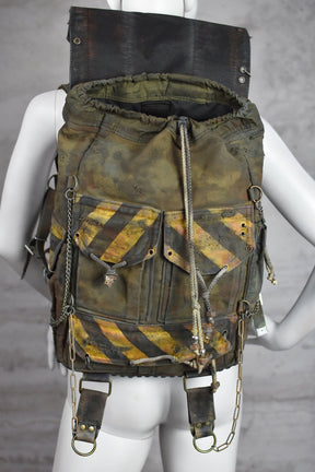 Post-Apocalyptic Military Green Backpack with Biohazard Stripes and Skulls