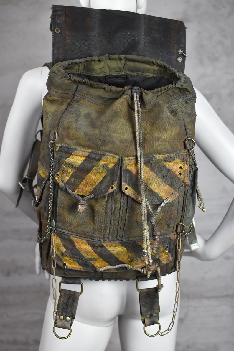 Post-Apocalyptic Military Green Backpack with Biohazard Stripes and Skulls