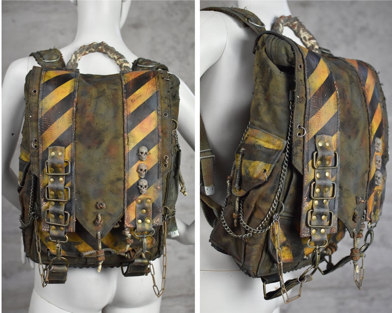 Post-Apocalyptic Military Green Backpack with Biohazard Stripes and Skulls