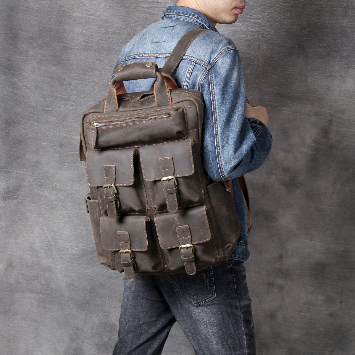 Mens Leather Backpack Laptop with Front Pockets