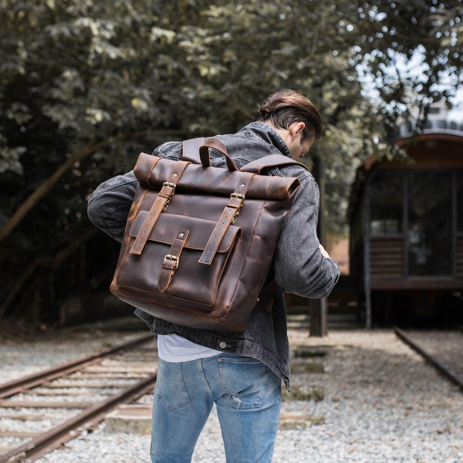 Large Leather Roll Top Backpack Laptop 17"