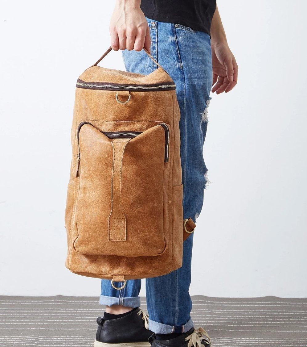 Mens Leather Cylindrical Backpack Large