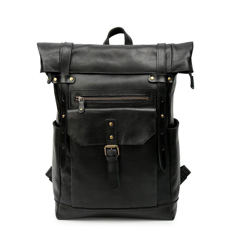 Mens Leather Backpack Vintage Roll Top with Front Pocket