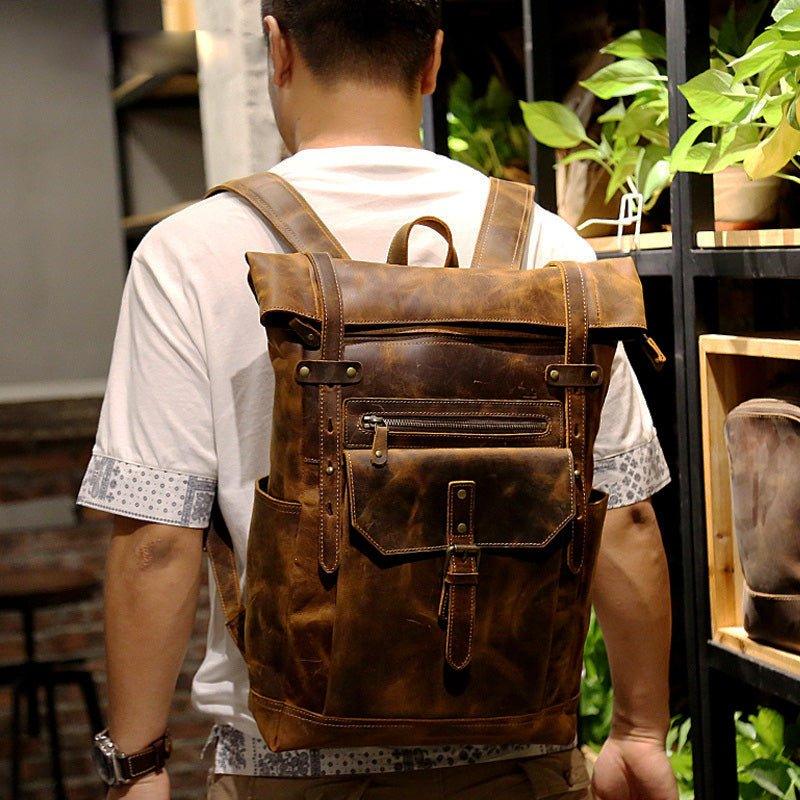 Mens Leather Backpack Vintage Roll Top with Front Pocket