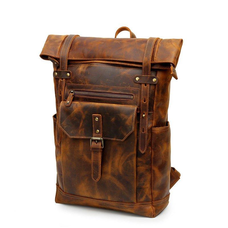 Mens Leather Backpack Vintage Roll Top with Front Pocket