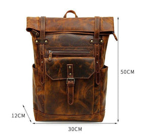 Mens Leather Backpack Vintage Roll Top with Front Pocket