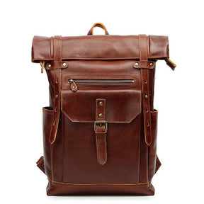 Mens Leather Backpack Vintage Roll Top with Front Pocket