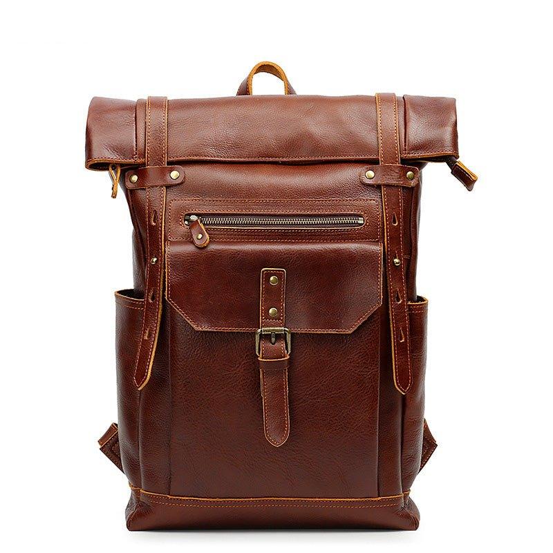 Mens Leather Backpack Vintage Roll Top with Front Pocket