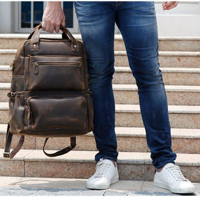 Mens Vintage Leather Backpack with Trolley Sleeve