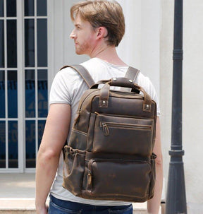 Mens Vintage Leather Backpack with Trolley Sleeve