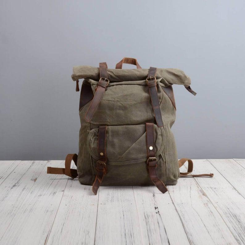 Waxed Canvas Vintage Backpack Roll Top Rucksack