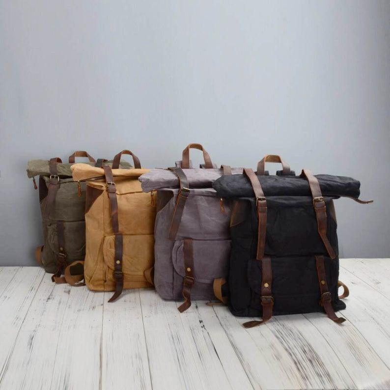 Waxed Canvas Vintage Backpack Roll Top Rucksack