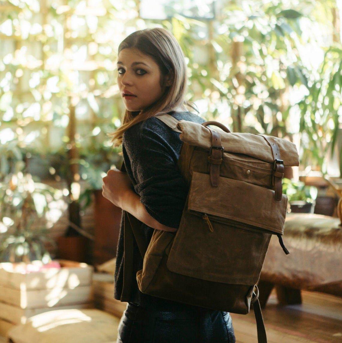 Vintage Waxed Canvas Backpack Roll Top Travel