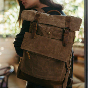 Vintage Waxed Canvas Backpack Roll Top Travel