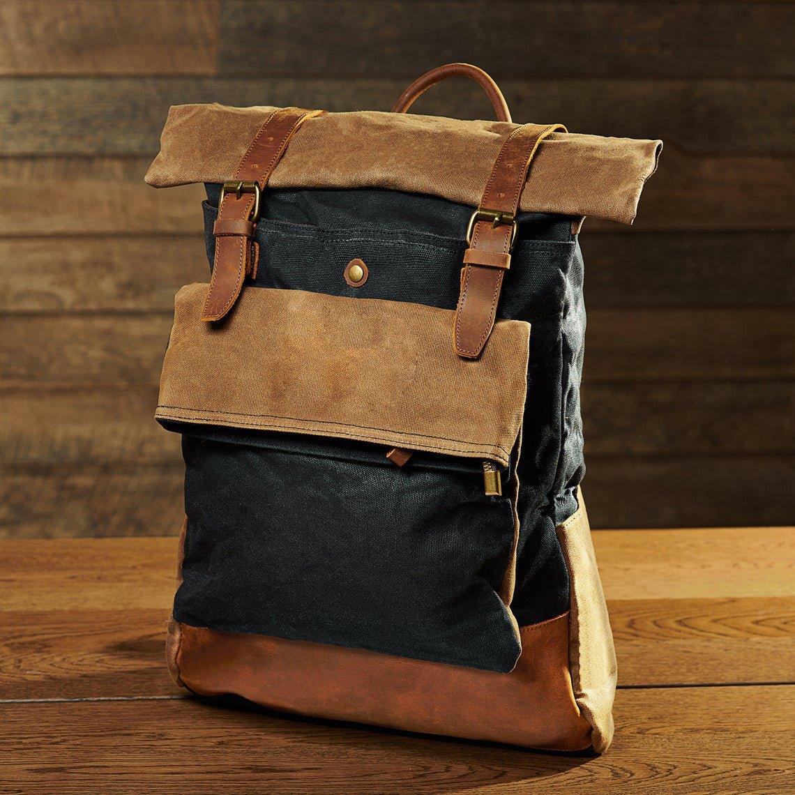 Vintage Waxed Canvas Backpack Roll Top Travel