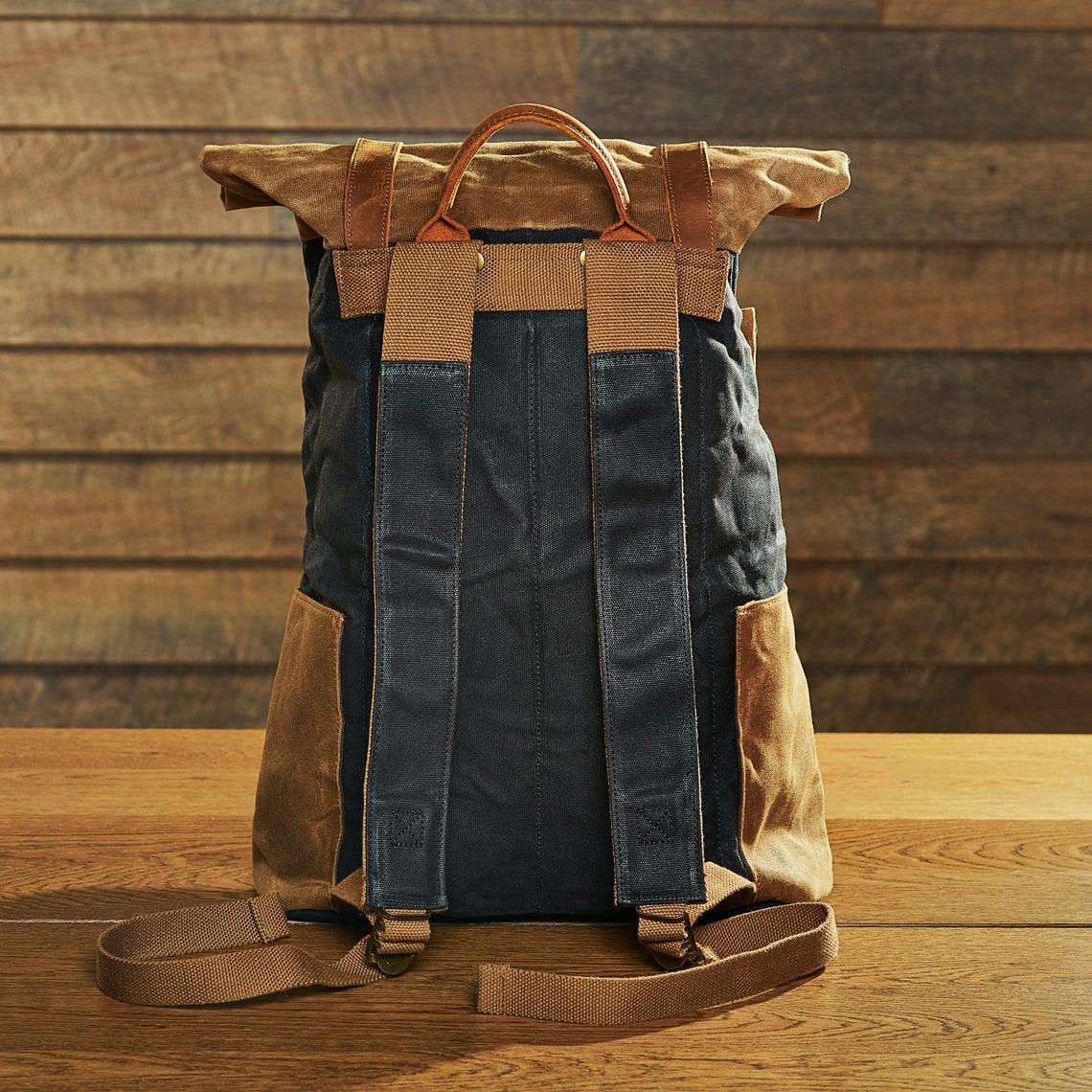 Vintage Waxed Canvas Backpack Roll Top Travel