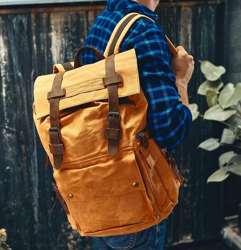 Mens Waxed Canvas Backpack Rucksack Vintage