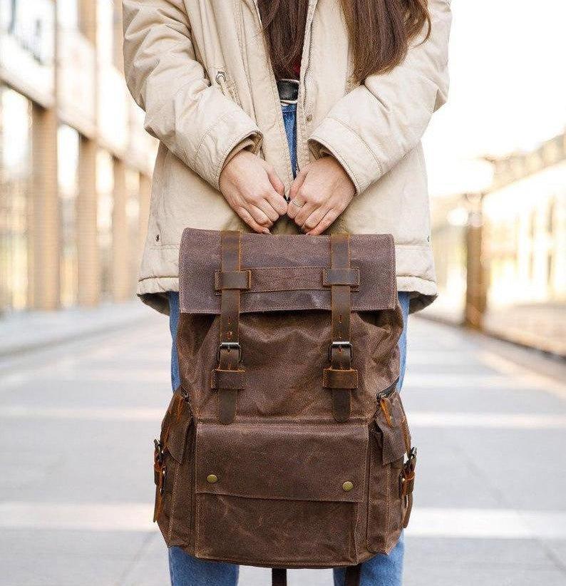 Mens Waxed Canvas Backpack Rucksack Vintage