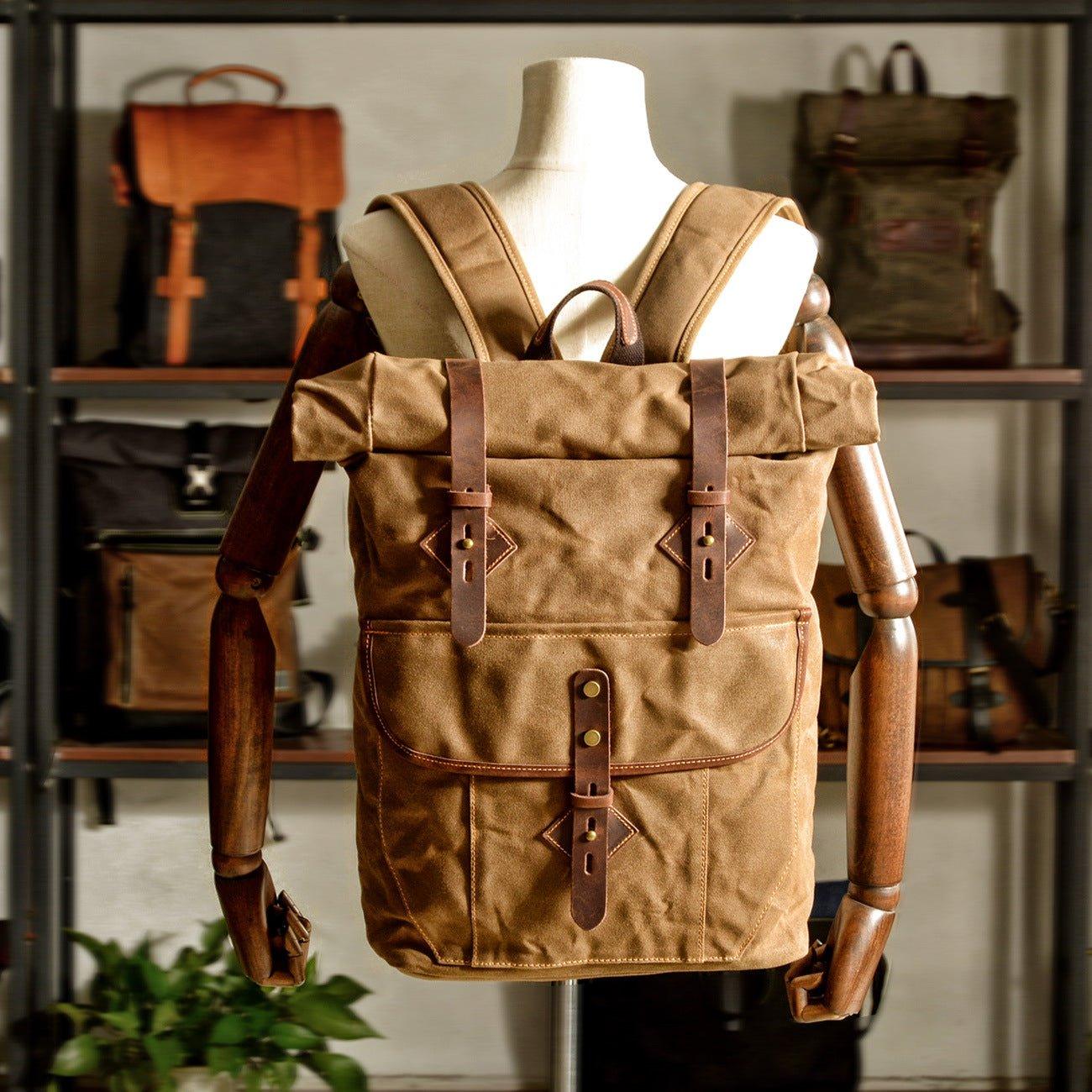 Waxed Canvas Roll Top Backpack Vintage with Laptop Sleeve