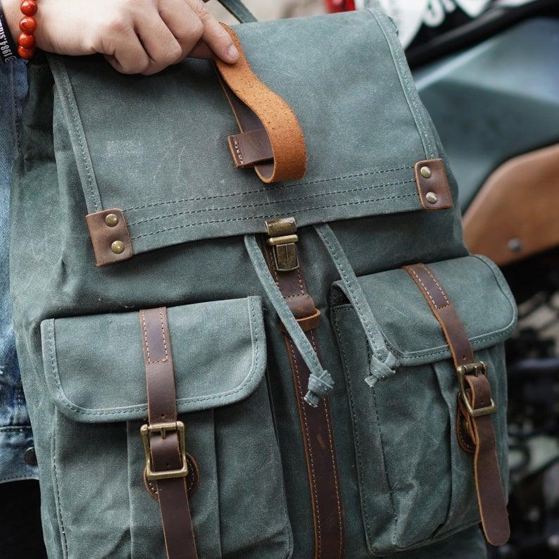 Waxed Canvas Backpack with Front Pockets